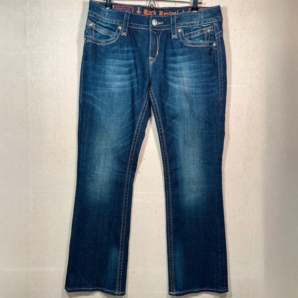 Rock Revival Gwen Easy Boot Jeans Womens Size 31 Dark Wash Embellished Pockets - Picture 1 of 11